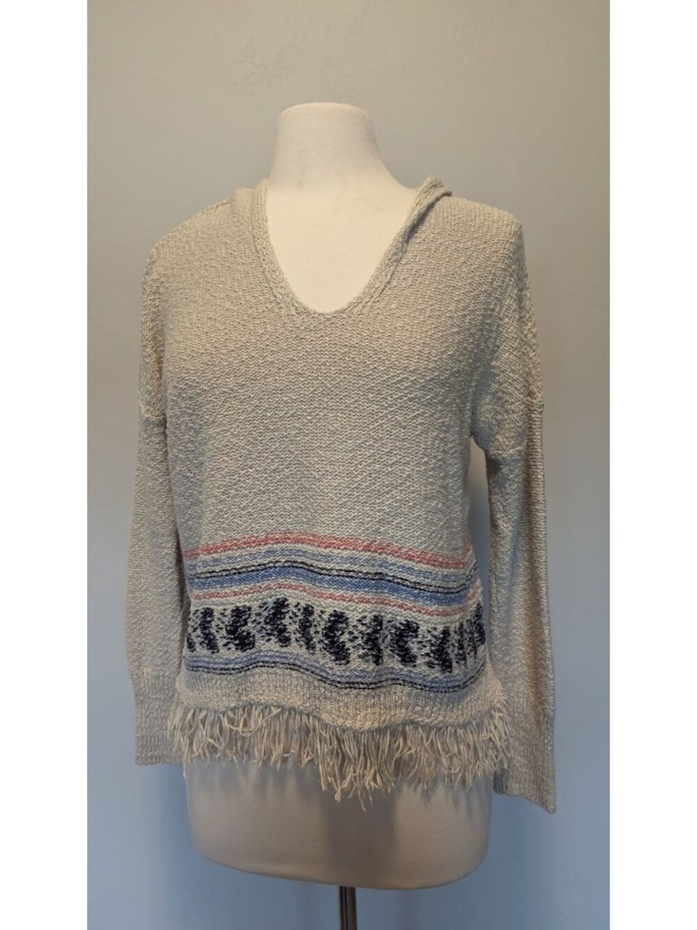 Hollister Boho Knit Hoodie Sweater With Fringe Beige Large